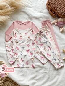 SHEIN Vintaside Kids 女嬰女童春秋多件套裝圓領長袖簡約休閒日常針織羅紋數位印花與素色上衣搭配休閒簡約時尚長褲套裝，適合日常居家休閒戶外公園散步露營度假穿著 - 彩色 - 查看 3