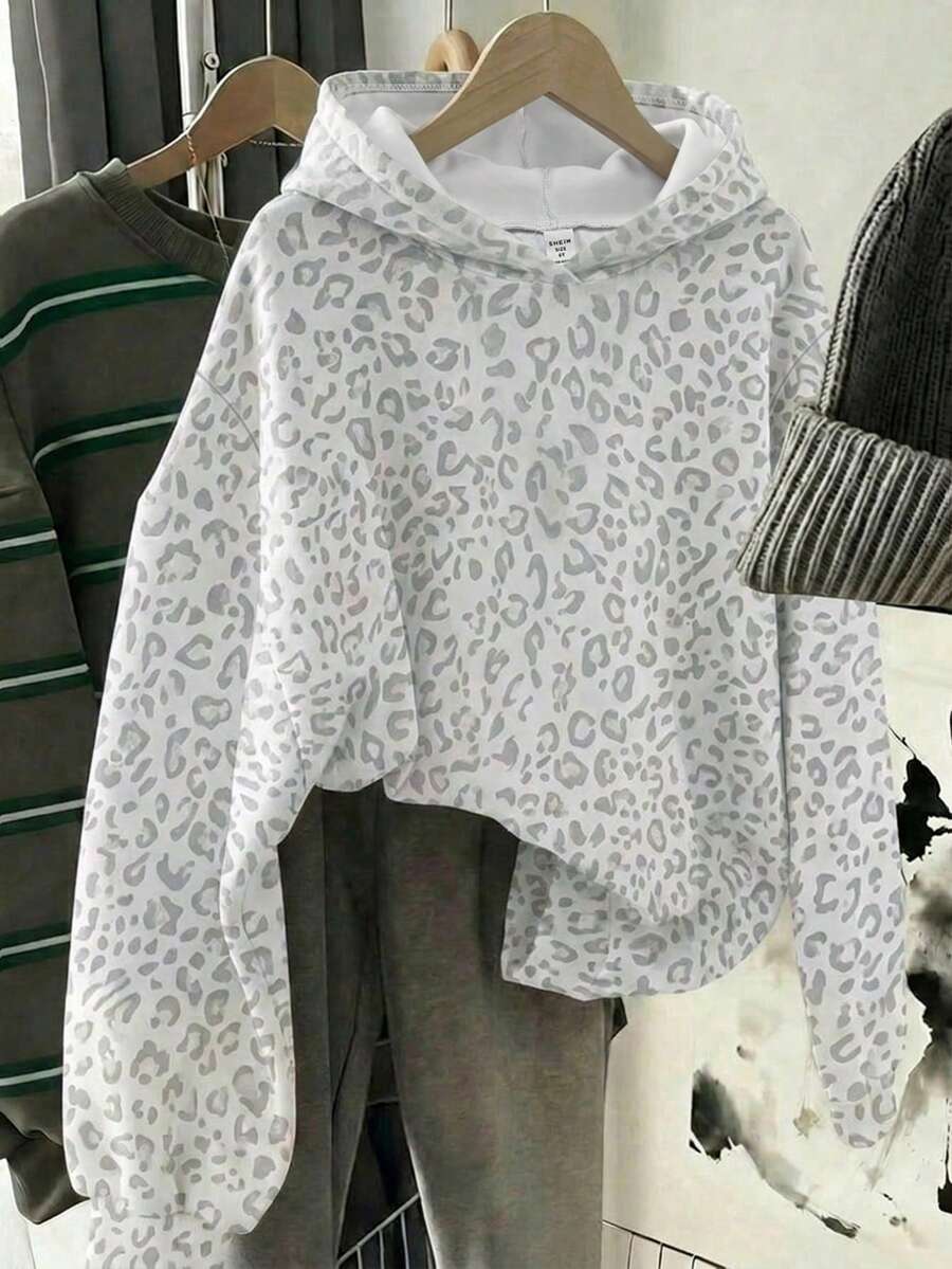 開學季，學院風復古白色豹紋，年輕女孩休閒極簡寬鬆圓領舒適日常針織長袖衛衣，適合秋冬，圖案印花，撞色，Y2K，可愛，派對，日常，度假，舒適 - 彩色 - 查看 1