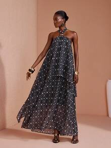 JIAN LASALA Gaun Maxi Wanita Motif Cetak Seluruh Permukaan dengan Tali Leher untuk Liburan Musim Panas Gaya Boho Elegan - MultiWarna - View 5