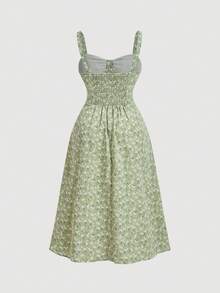SHEIN MOD Plus Size Ditsy Floral Print Tie Front Ruched Bust Valentine Day Green Cami Dress,Summer Dresses For Women,Tea Party Dress,Pastel Dresses For Women - Green - View 3