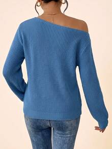 Coeurva Women's Minimalist Versatile Solid Color Asymmetrical Shoulder Pullover Sweater - Blue - View 2