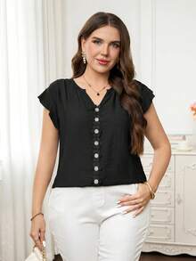 Reflora Blusa suelta de manga corta con textura, patchwork, volantes y encaje para mujer de talla grande, primavera/verano - Negro - Ver 4