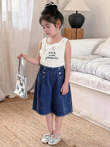 SHEIN Little Byeori 少女淺藍色牛仔寬鬆百慕大短褲 - 深色水洗藍 - 查看 4