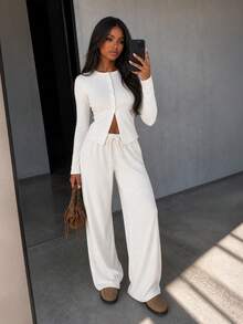 MISSGUIDED Ribbed Knit Co-Ord Set Long Sleeve Button-Up Cardigan Top And Wide Leg Drawstring Casual Pants Two-Piece Outfit - Apricot - View 1