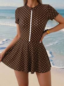 Swim Shayni Women's Polka Dot Short Sleeve Jumpsuit And Mini Skirt Burkini Two-Piece Swimsuit Set, Suitable For Summer Vacation - Brown - View 3