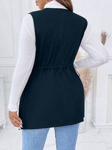 SHEIN LUNE 大尺碼女款純色百褶休閒百搭通勤旅行背心外套 - 藏蓝色 - 查看 2