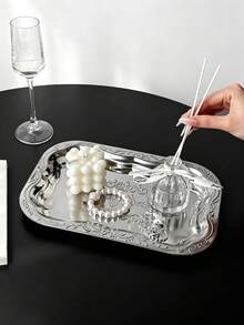 1PC Stainless Steel Multi-Purpose Rectangular Tray, Embossed Metal Fruit Bowl, Stainless Steel Decorative Tray, Jewelry And Cosmetics Storage Box, Bathroom Shelf, Storage Tray - Silver - View 3