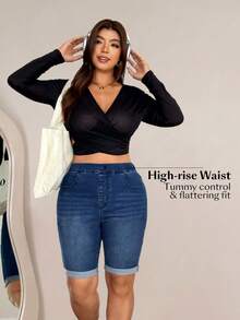 Flexra Plus Size Women's Casual Slim Fit Denim Shorts Trail Ride Navy Blue Summer - Dark Wash - View 7