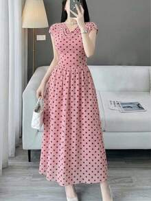 Feyla New French Vintage Polka Dot Cowl Neck Cinched Waist Flared Hem Soft Style Dress - Multicolor - View 3