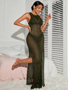 SHEIN Swim 女款純色鏤空開衩設計休閒熱帶風性感度假罩衫洋裝，適合海灘派對，軍綠色，夏季 - 軍綠色 - 查看 5