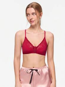 Bonmuse 1pc Women's Casual Wireless Lace Bra With Adjustable Straps, Sexy & Breathable - Red - View 4