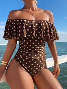 EMERY ROSE Traje de baño de una pieza para mujer con estampado aleatorio de lunares, volantes, hombros descubiertos y fruncido lateral, estilo boho para festival, primavera/verano - Multicolor - Ver 1