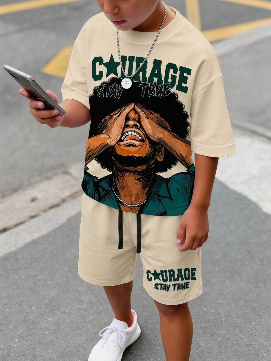 2件組青少年男孩休閒舒適時尚卡通角色印花圓領短袖米色夏季大廓形圖案城市度假運動套裝 Y2K