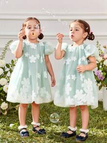 SHEIN Glamorique Kids 女嬰公主洋裝，3D花朵，泡泡袖，綠色薄紗洋裝，生日派對，婚禮節日禮服，舞會洋裝，畢業洋裝，夏季洋裝 - 綠色 - 查看 1