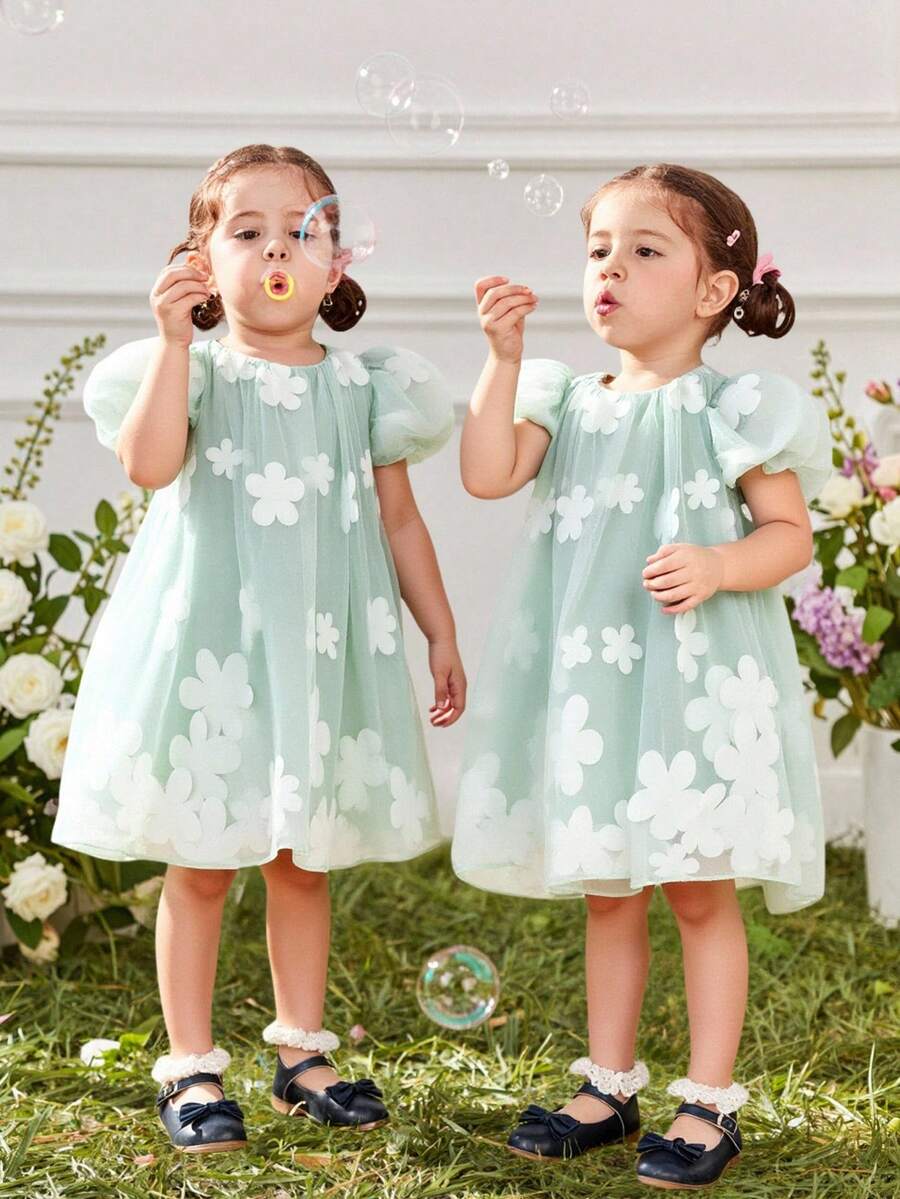 SHEIN Glamorique Kids 女嬰公主洋裝,3D花朵,泡泡袖,綠色薄紗洋裝,生日派對,婚禮節日禮服,舞會洋裝,畢業洋裝,夏季洋裝 - 綠色 - 查看 1