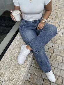Flexra Quần Jeans Boyfriend Cỡ Lớn Có Nút Thắt Lưng Túi Ống Thẳng Thời Trang Thường Ngày Vừa Vặn Thoải Mái Đã Giặt - Rửa trung bình - Xem 4