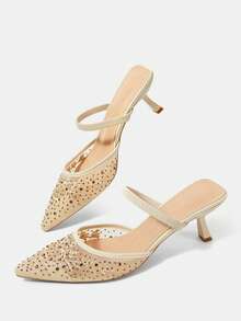 CUCCOO HITCHD Sepatu Hak Tinggi Stiletto Lancip Berhiaskan Rhinestone dan Motif Bunga Elegan untuk Wanita - Kuning - View 6
