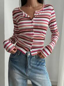 Livesso Autumn Thin Stripe Colorblock Patchwork Music Festival Casual Street Outdoor Long Sleeve Slim Fit Women's T-Shirt - Pink - View 4