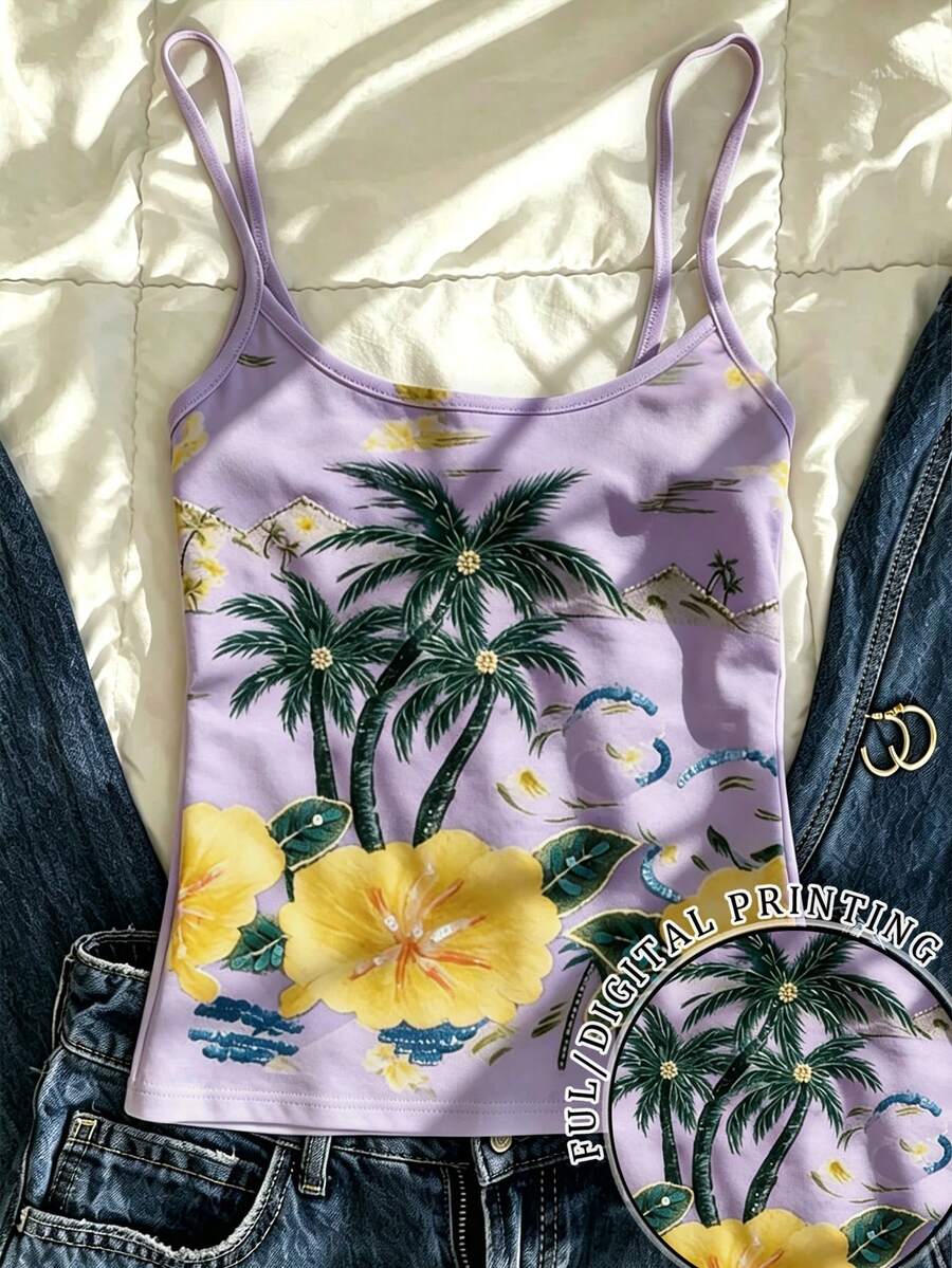 SHEIN 女士夏季休闲沙滩度假热带棕榈树印花吊带衫 - 白色 - 查看 1