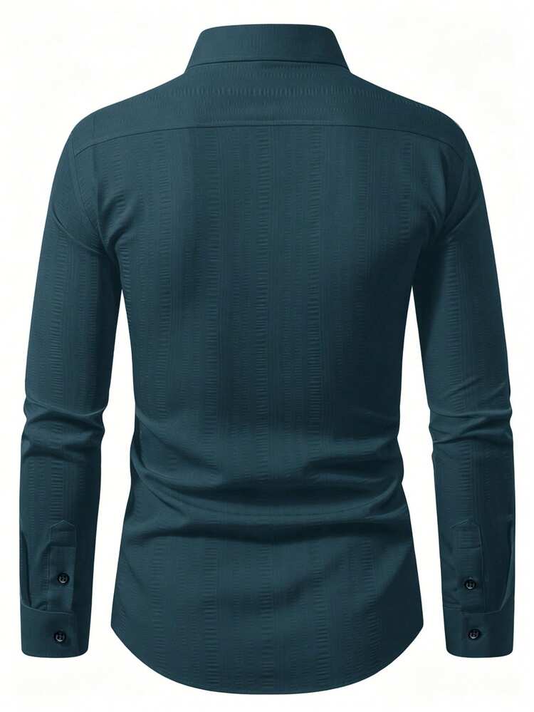 Calvornis Men's Fashion Casual Long Sleeve Shirt Men's Stand-Up Collar Solid Color Button Long Sleeve Shirt, - Teal Blue - View 2
