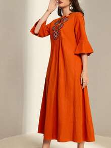 Al Najma Geo Embroidery Notched Neck Flounce Sleeve Smock Dress - Orange - View 3
