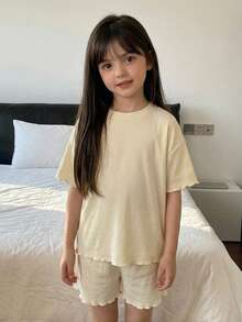 Hapijoa Crew Neck Pullover T-Shirt And Shorts Set For Young Girls, Spring/Summer Home Wear - Yellow - View 5