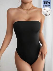 SHEIN PETITE 純色抹胸夏季時尚女款連身衣 - 黑色 - 查看 8