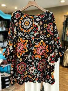 EMERY ROSE Blusa de mujer talla grande estilo casual primavera/verano: diseño simple y versátil con estampados aleatorios de flores coloridas y geométricos. Cuello en V, mangas acampanadas con volantes, ajuste holgado - perfecta para primavera y verano - Negro - Ver 2