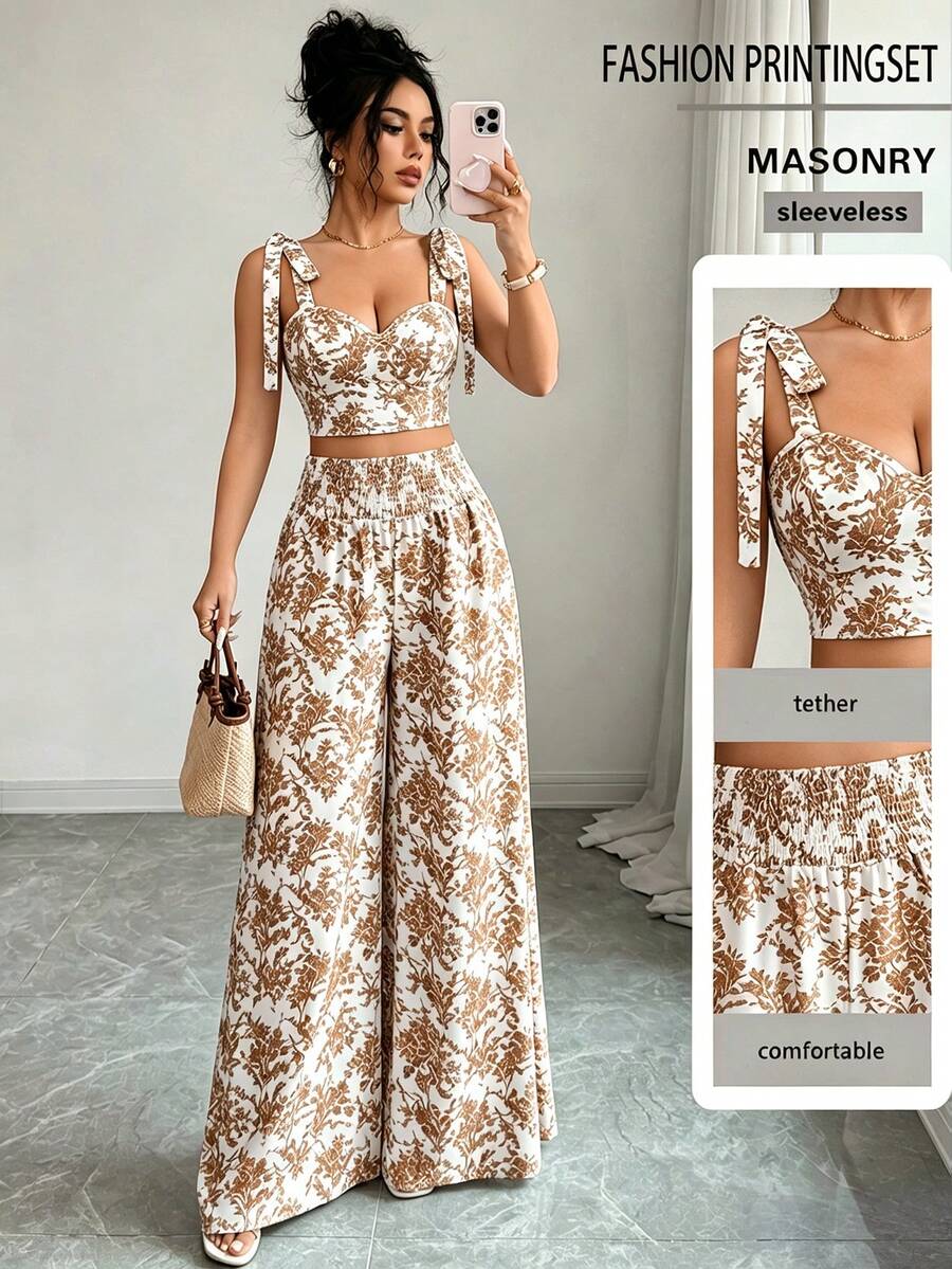 Selianne Women's Standard Size Camisole Top With Back Shirred Design + Shirred Waist Wide Leg Straight Pants 2 Pieces Set - Brown - View 1