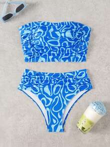 Swim Lushoire 女款豹紋抹胸上衣側邊抓皺設計搭配高腰比基尼泳褲 2 件組海灘度假泳裝套裝 - 彩色 - 查看 3