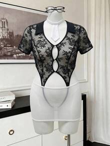 Spicy Aura Sexy Series Lace Sheer Cutout Plus Size Lingerie Costume 3pcs Set - Multicolor - View 10