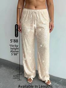 SHEIN Tall CURVE 大尺碼女款抽繩腰亮片時尚百搭日常穿著長褲 - 杏色 - 查看 8