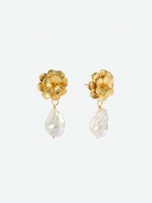 Opalesca 1 Pair Fashionable & Unique Pearl Decorated Earrings For Women, Versatile,Outfits,Old Money,Wedding/Bridal Accessories,Western Jewelry,Fairycore/Fairy,Pearl,Fall/Autumn/Winter,For Mom/Women/Girl/Mother,Elegant - Gold - View 3