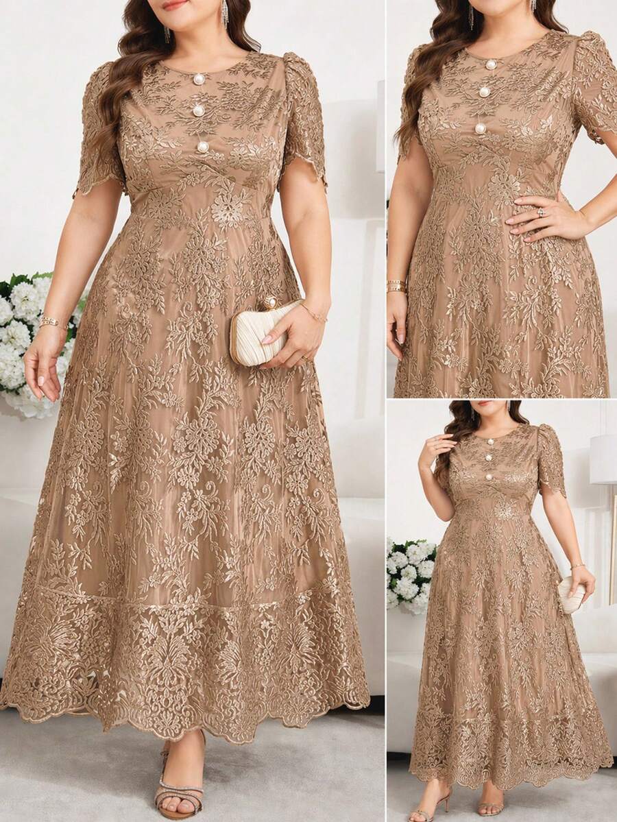 SHEIN Clasi 大尺碼女款刺繡仿珍珠鈕扣圓領優雅洋裝 - 卡其色 - 查看 1