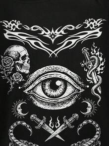 ROMWE Goth 深色哥德風骷髏眼黑色純色性感不對稱領基礎夏季涼爽街頭復古大尺碼不對稱領T恤 - 黑色 - 查看 4