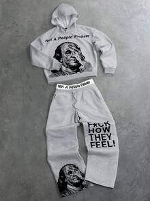 PAVTROS Conjunto de sudadera con capucha y pantalones de chándal con estampado de letras para hombre, atuendo casual diario - Gris - Ver 6