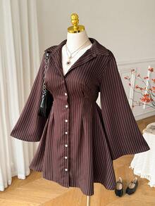 Comfortcana Damen Große Größen Herbst Winter Frühling Gestreiftes Einreihiges Hemdkleid - Braun - Übersicht 1