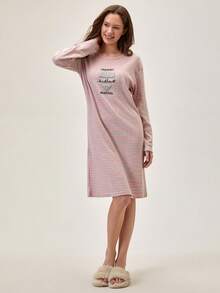 Loomlin 100%Cotton Slogan Graphic Gingham Print Drop Shoulder Nightdress - Yellow - View 4