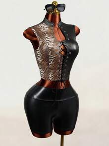 Mistrie Damen Sexy Zebra-Muster Schnürung Tanktop - Verschiedenfarbig - Übersicht 4