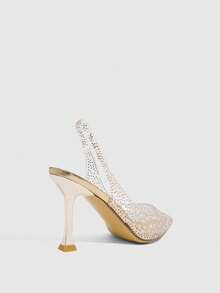 CUCCOO SZL Ladies Pointed Back Empty Fashion Elegant Party Transparent TPU Fabric Contrasting Color Hot Pearl Rhinestone Rear Lift Strap High Heel Shoes - Gold plate - View 3