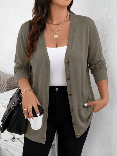 SHEIN LUNE Plus Size Women's Solid Color Autumn Olive Green Sweater Cardigan With Pockets Teacher's Day Back-To-School Business Baggy Normal Office Formal Casual