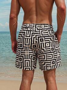 Azuldrift Men's Casual Geometric Print Drawstring Waist Pocket Beach Shorts - Beige - View 6