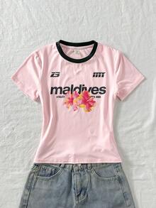 Tween Girls' Casual Pink Knit Letter & Floral Print Round Neck Short Sleeve T-Shirt, Summer - Pink - View 3