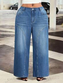 Slaydiva Plus Size Women's All Season Split Rivet Pocket Dark Blue Denim Jeans - Dark Wash - View 1