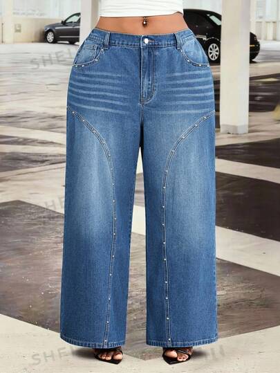 Slaydiva Jeans de mezclilla azul oscuro con bolsillos de remaches y abertura para mujer de talla grande para todas las estaciones