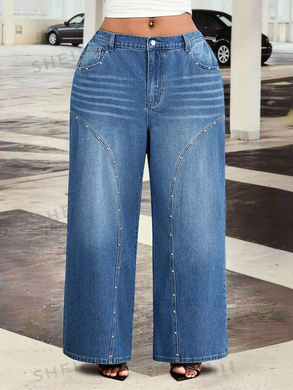 Slaydiva Plus Size Women's All Season Split Rivet Pocket Dark Blue Denim Jeans
