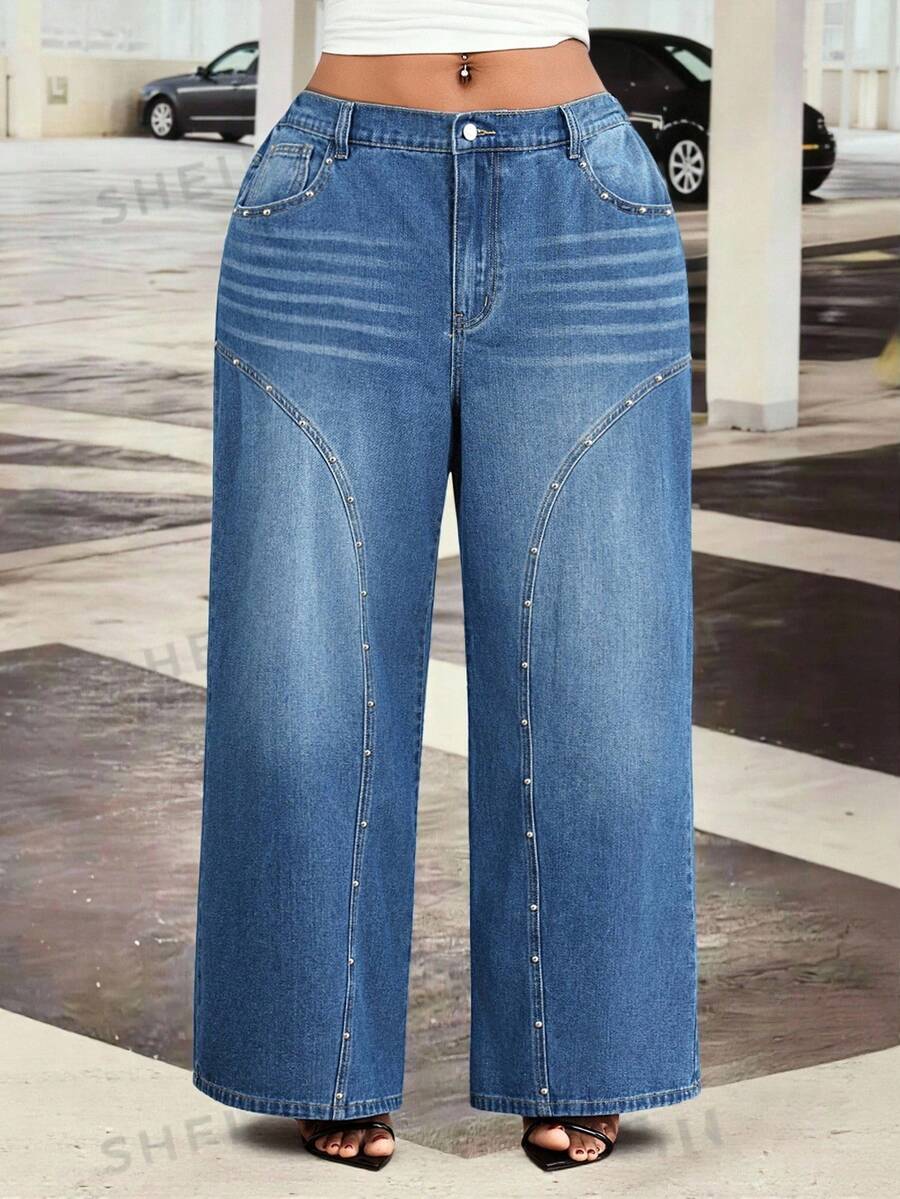 Slaydiva Plus Size Women's All Season Split Rivet Pocket Dark Blue Denim Jeans - Dark Wash - View 1
