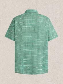 Mercer Haus Vintage Geometric Texture Digital Print Men's Plus Size Loose Fit Lightweight Polyester Button Pocket Short Sleeve Shirt - Green - View 6