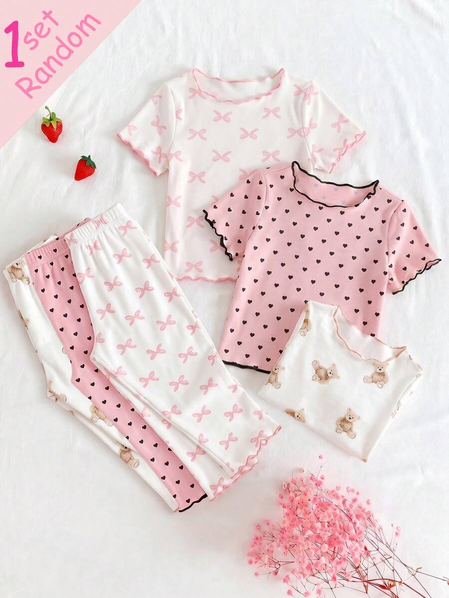 [Random 1 Set]Baby Girls Pajamas Spring/Summer/All Seasons Cute Sweet Bow, Heart, Cute Bear Pattern Combination Print Wavy Hem Design Round Neck Short Sleeve Pullover Top With Long Pants 2-Piece Set Loungewear 1set - Multicolor - View 1