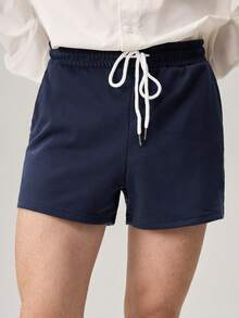 Solid Color Drawstring Pocket Casual Loose Knit Shorts, Versatile For Summer Daily Wear, Vacation, Father's Day Gifts - Navy Blue - View 8